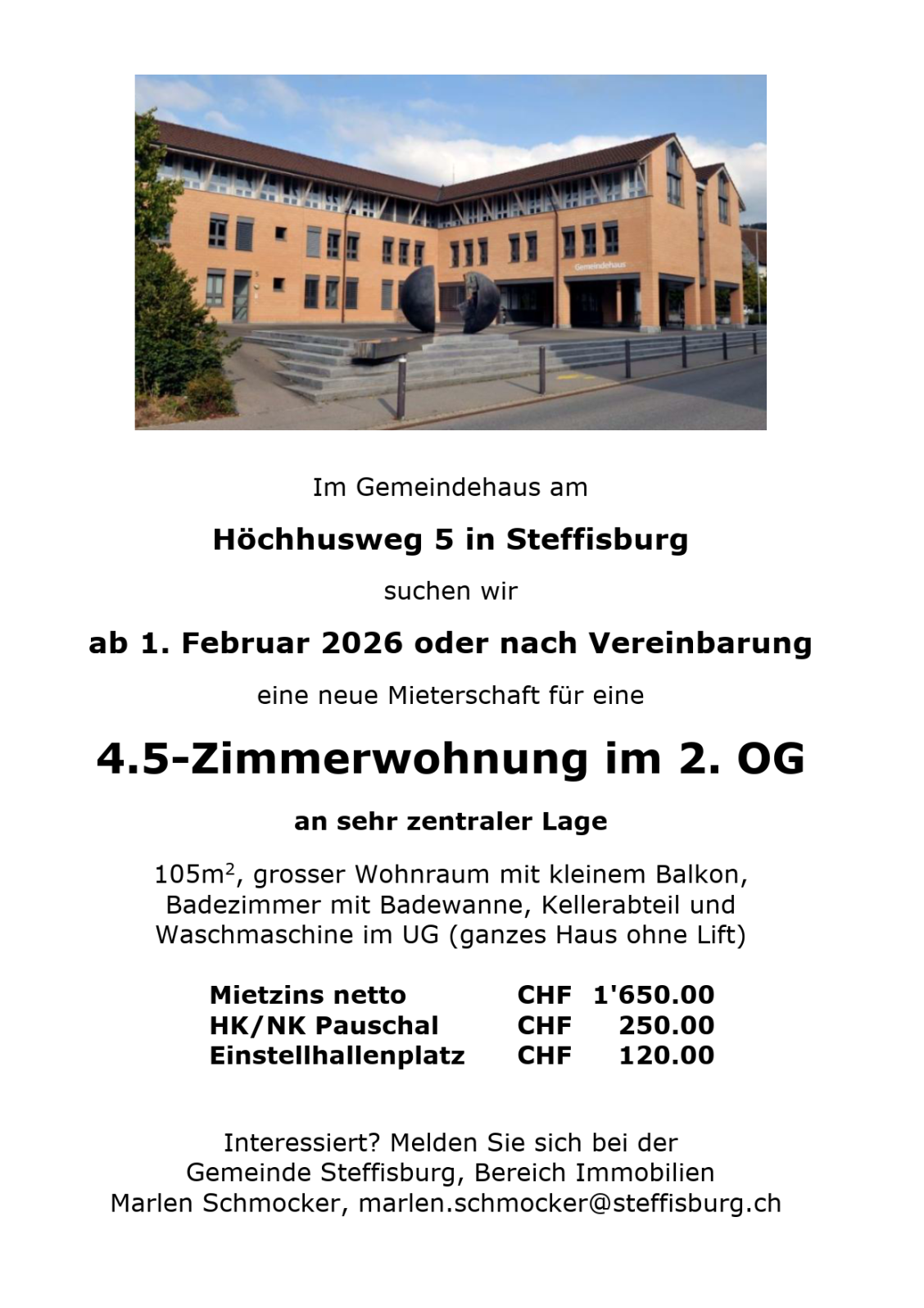 Inserat Vermietung 4.5 Zimmerwohnung