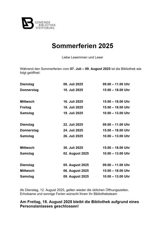 Spezielle Öffnungszeiten Gemeindebibliothek