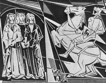 Ritter Heinrich Matter und seine drei Töchter. Sgraffito von Roman Tschabold am Schönauschulhaus.